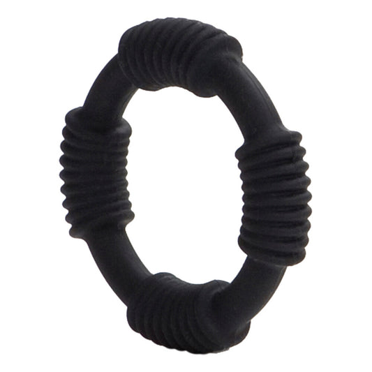 california exotic hercules silicone love ring, a textured cock ring in dark grey.