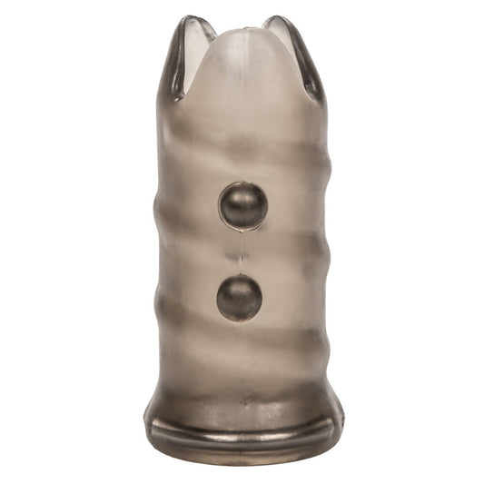 California Exotic Apollo girth enhancer sleeve in smoke grey, a textured penis sleeve.