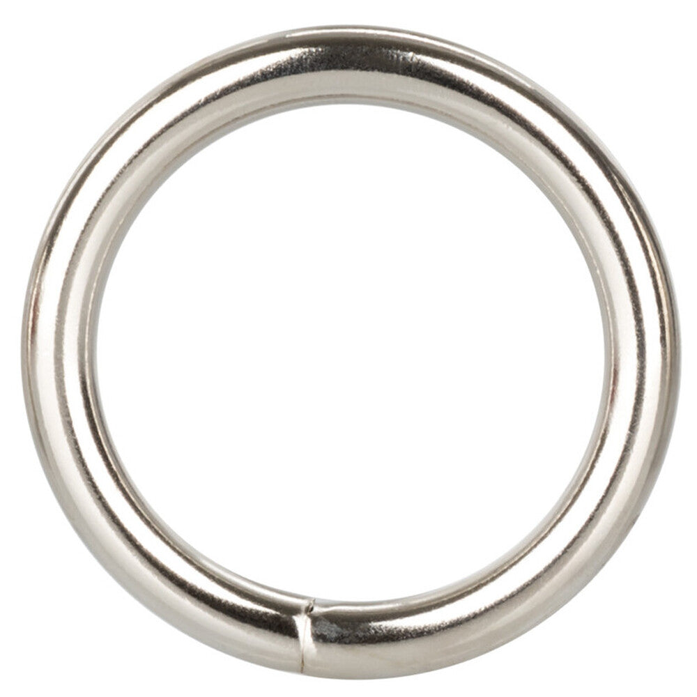 A silver-toned cock ring from california exotic, a smooth, polished love ring in medium size.