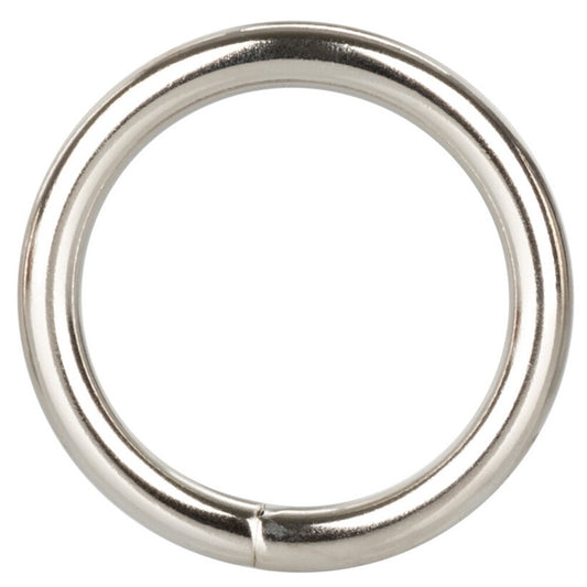 A silver-toned cock ring from california exotic, a smooth, polished love ring in medium size.