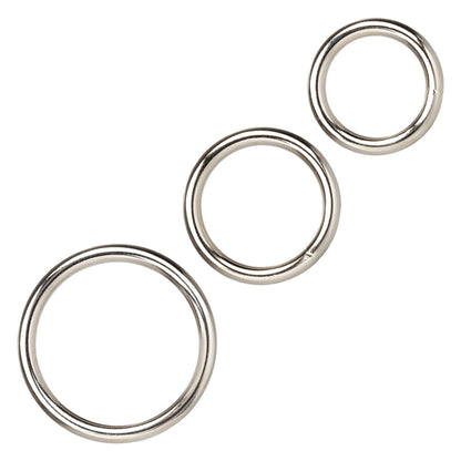 Three silver-tone love rings set, polished metal finish, perfect for stacking.