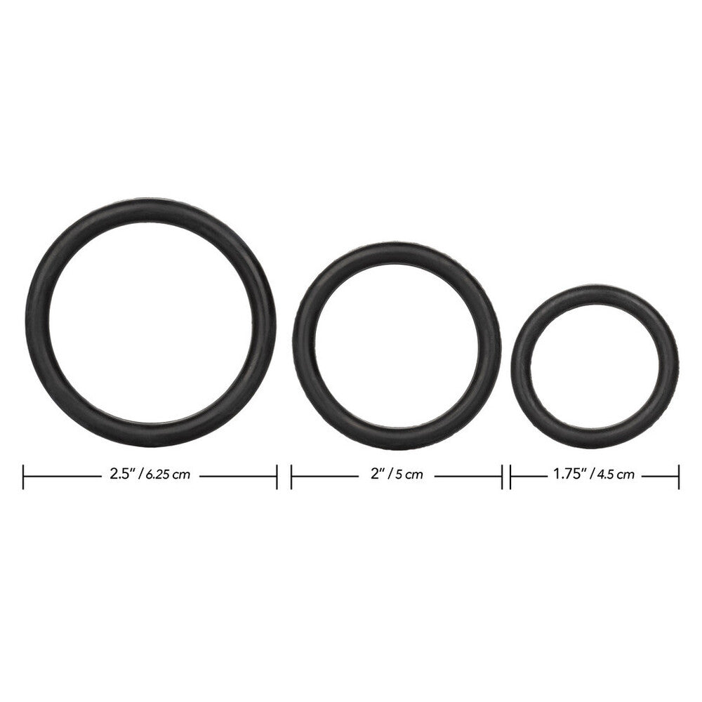 A set of three black rubber love rings to enhance pleasure and intimacy.