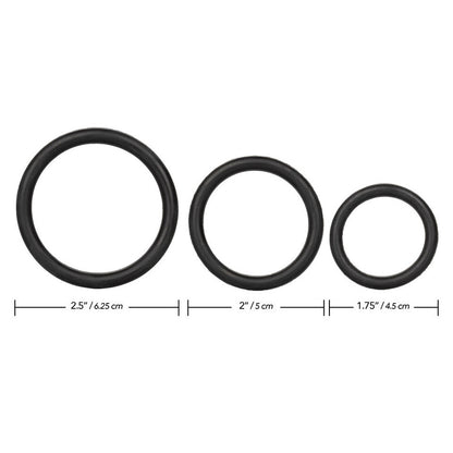 A set of three black rubber love rings to enhance pleasure and intimacy.
