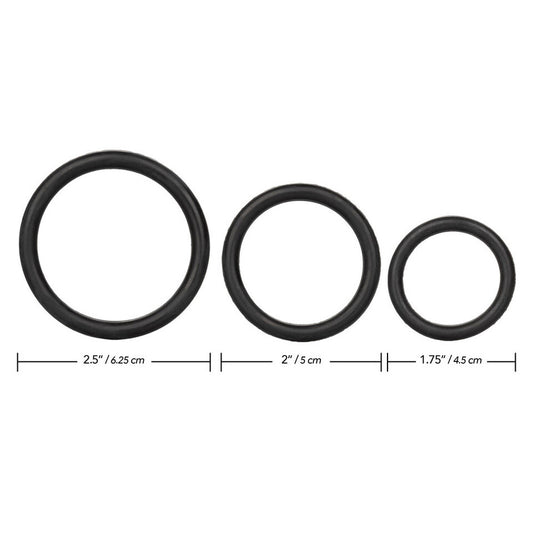 A set of three black rubber love rings to enhance pleasure and intimacy.