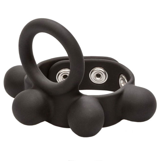 Silver-tone medium-weight cock ring and ball stretcher for bondage play, made by California Exotic.