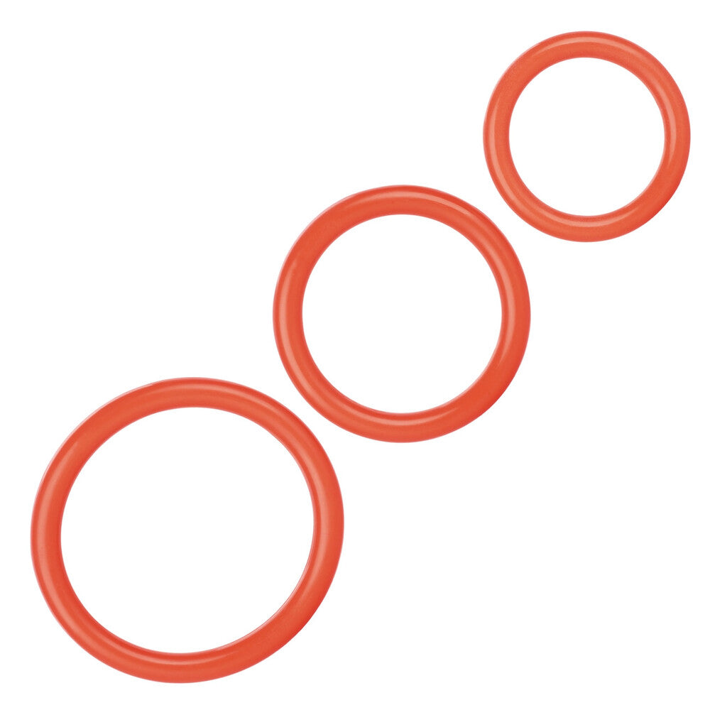 Set of three love rings, textured for enhanced sensation, made of smooth, flexible material.