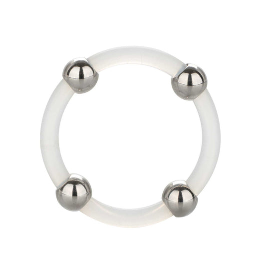 Close-up of a large, smooth, steel-beaded silicone love ring from California Exotic.