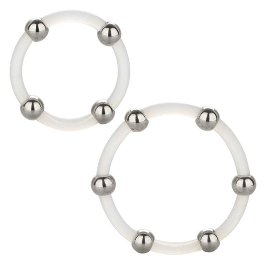 Close-up of a set of steel beaded silicone love rings in assorted colours.