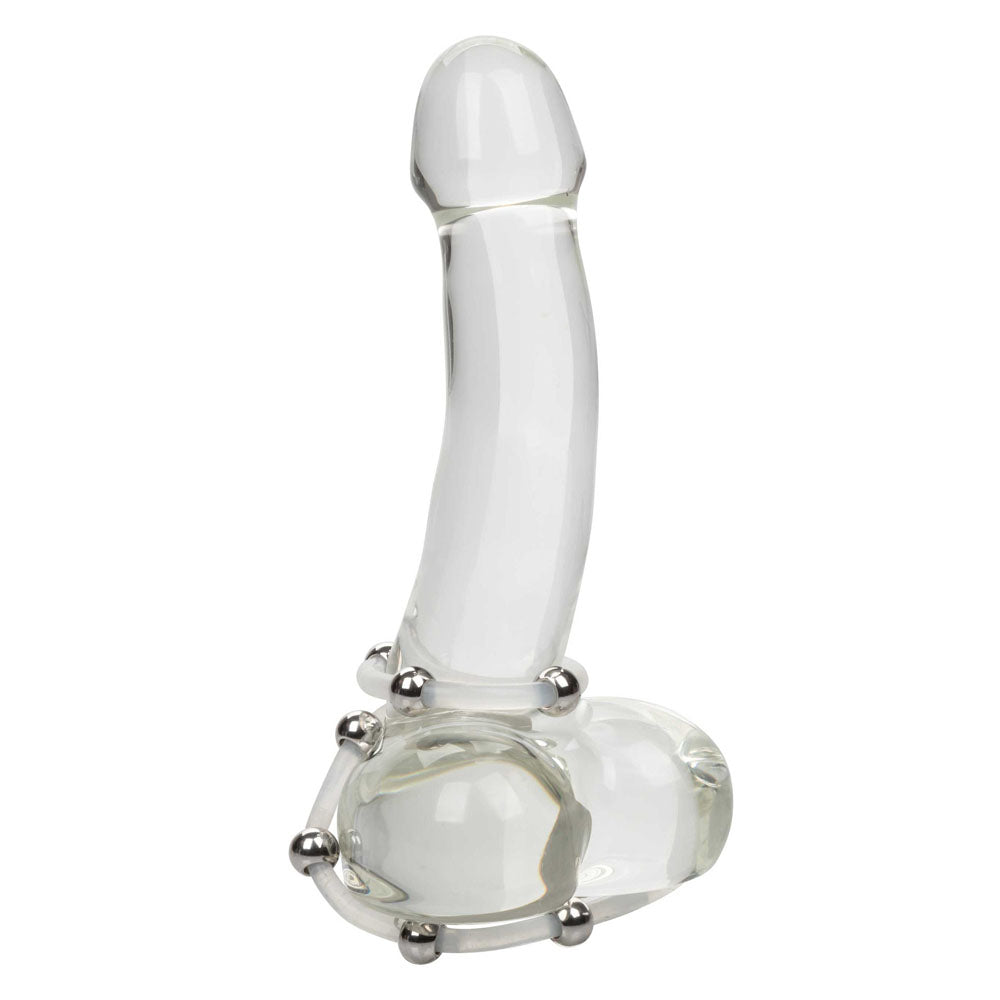 Close-up of the california exotic steel beaded silicone love ring set in silver.