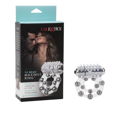 Close-up of a clear, flexible love ring with ten prominent textured beads for added sensation.