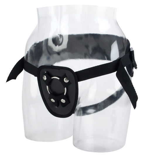 Adjustable power strap-on harness in black, designed for comfortable and universal fit, ideal for strap on play