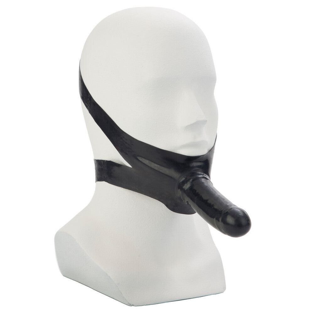 California Exotic accommodator black face strap-on dildo for hands-free pleasure, close-up.