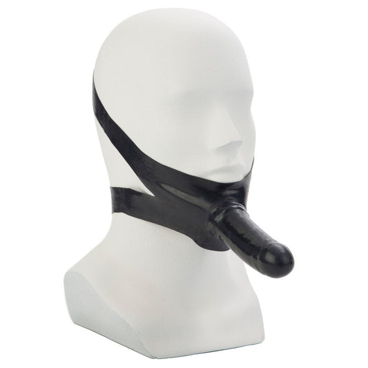 California Exotic accommodator black face strap-on dildo for hands-free pleasure, close-up.