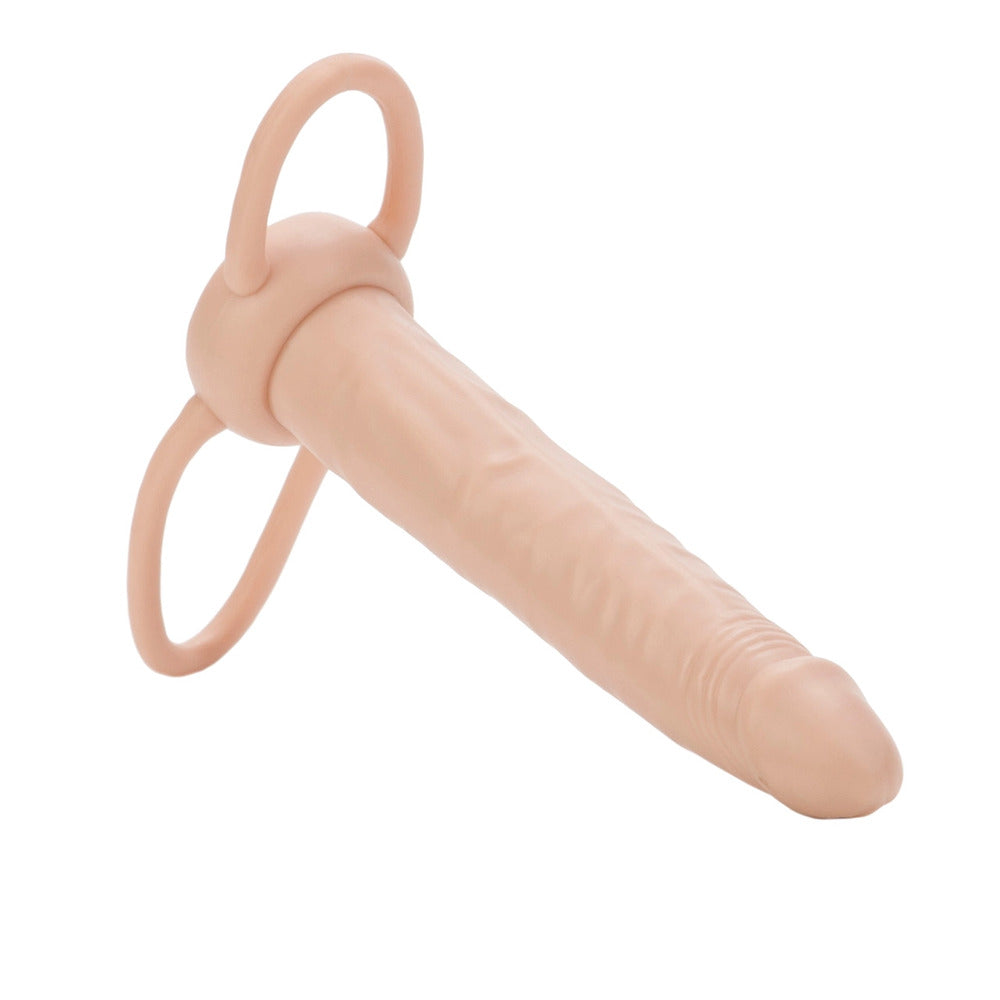 Ivory-coloured dual penetrator dildo, designed for strap-on use, from California Exotic.
