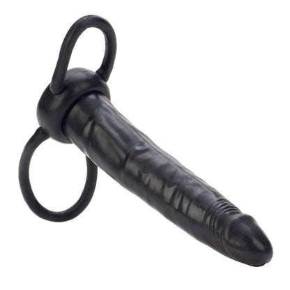 Black, dual-ended penetrator dildo by California Exotic, designed for strap-on harness use.