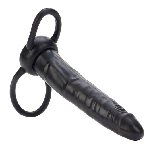 Black, dual-ended penetrator dildo by California Exotic, designed for strap-on harness use.