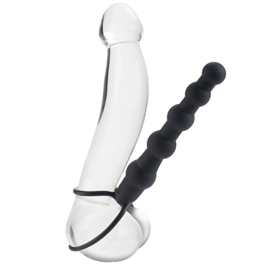 Black, beaded, dual penetrator strap-on dildo by California Exotic, a love rider for intimate pleasure.