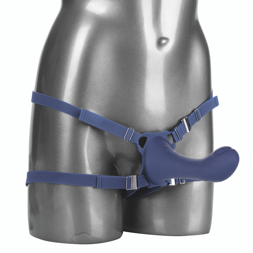 Her Royal Harness Thumper strap on dildo in purple, with a rechargeable vibrator.