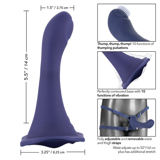 purple dual density silicone strap-on dildo with harness and rechargeable vibrator for pleasure.