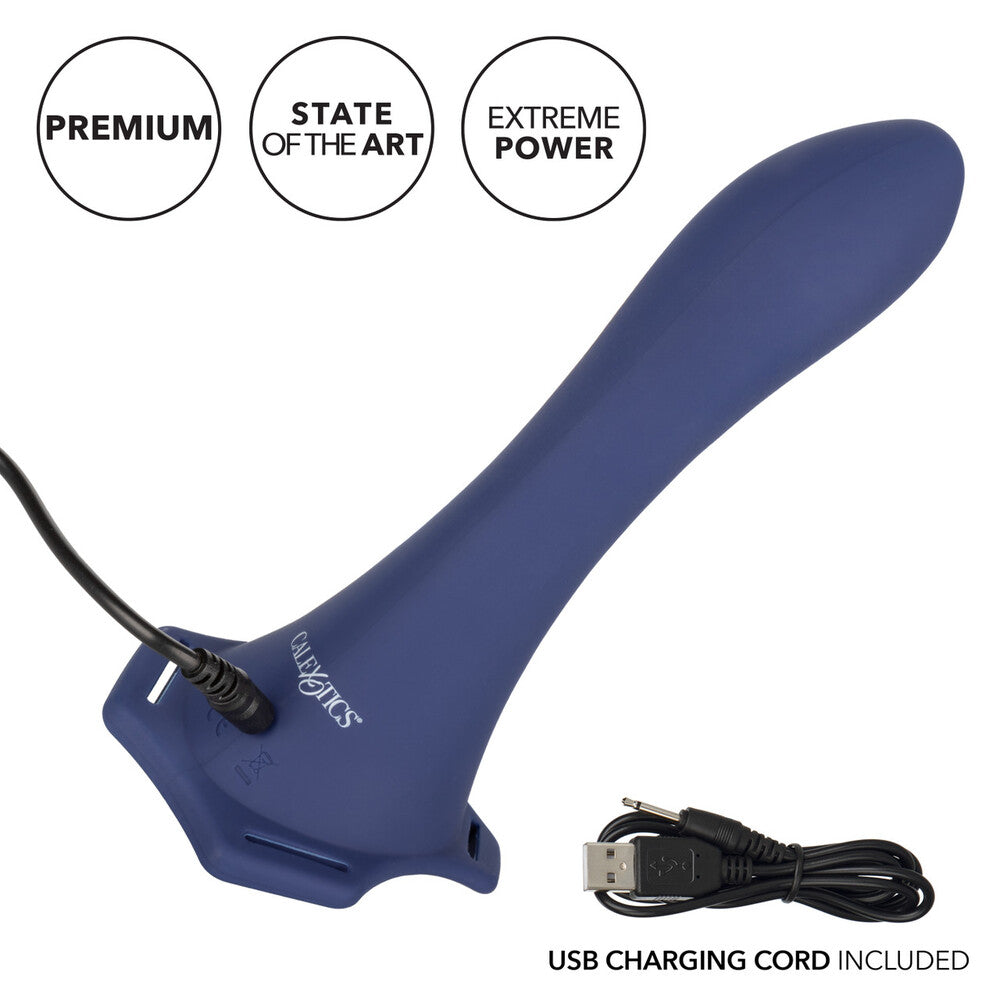 California Exotic Thumper strap-on dildo with rechargeable vibe, purple silicone and adjustable harness.
