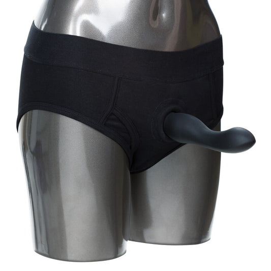 California Exotic Packer Gear brief harness, black, for strap-on use, sizes xtra small to small.