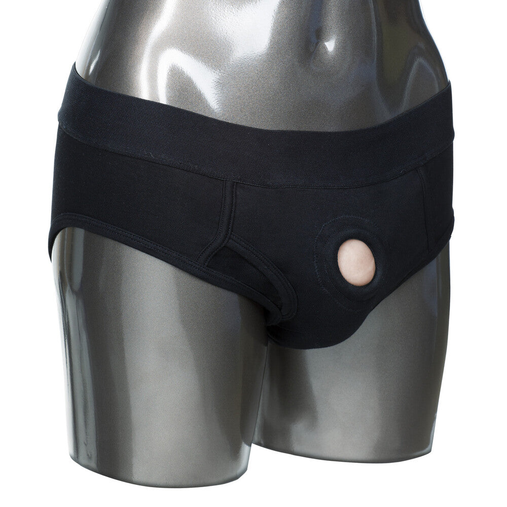 California Exotic packer gear brief harness, black strapping with metal buckle, large to extra large.