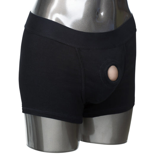 Black packer gear boxer harness for strap-on fun, extra small to small size.