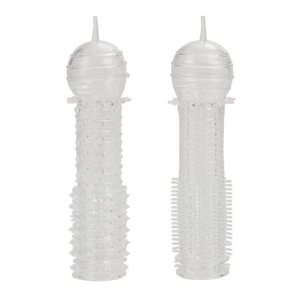 Two beige Senso penis sleeves from California Exotic, ribbed and textured for enhanced pleasure.