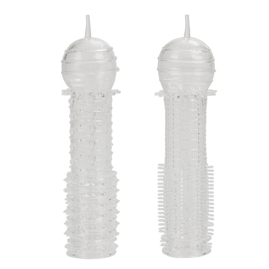 Two beige Senso penis sleeves from California Exotic, ribbed and textured for enhanced pleasure.