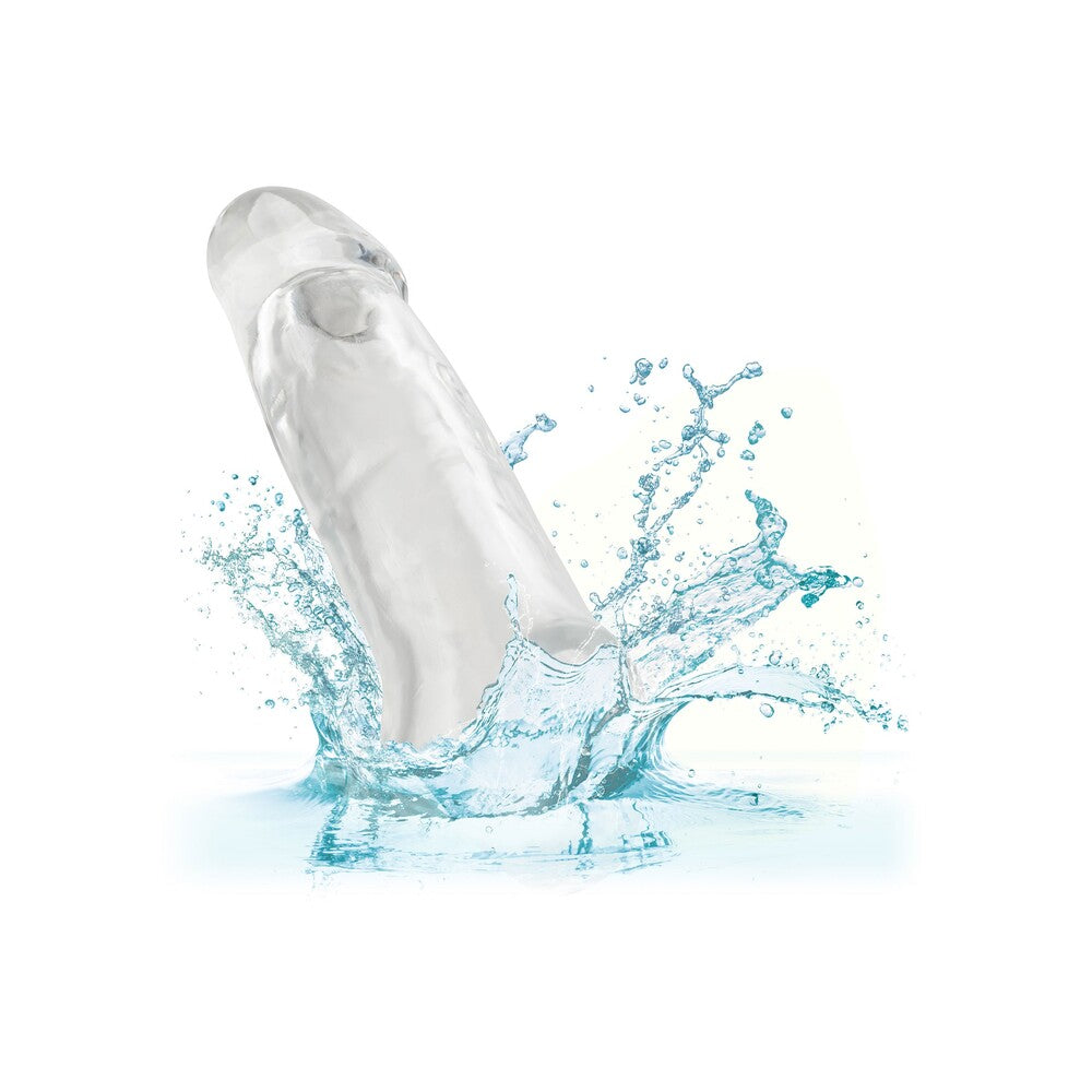 clear, ribbed penis extension, five and a half inches, designed for enhanced pleasure