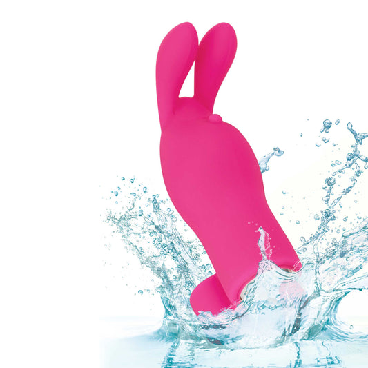 Pink rechargeable bunny finger vibrator for intimate play from california exotic, close-up view.