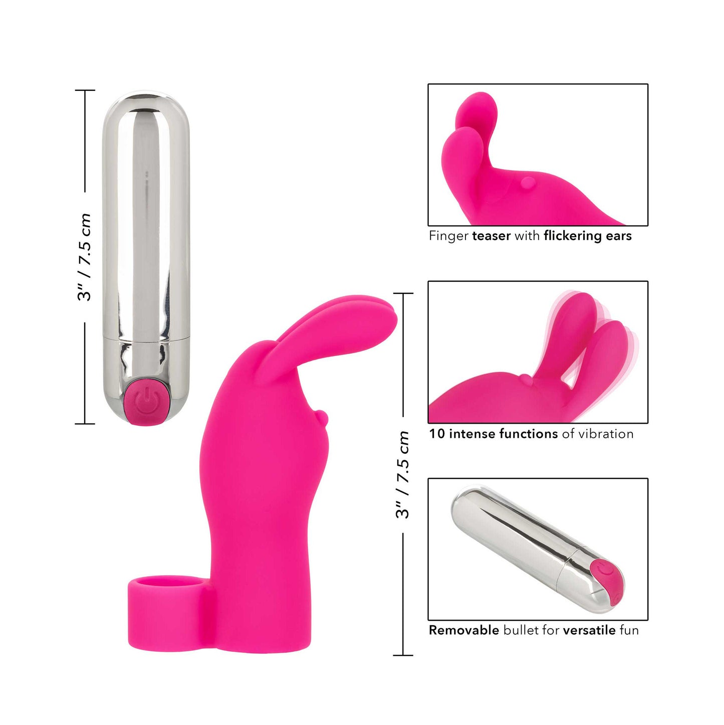 Pink rechargeable bunny finger vibrator for intimate play, made by california exotic.
