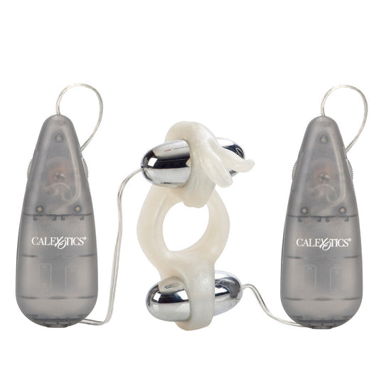 California Exotic rocking rabbit duo vibrating love ring, black silicone with silver accents.