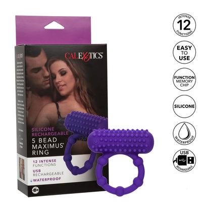 Close-up of a grey, flexible cock ring with five protruding vibrating beads for enhanced pleasure.