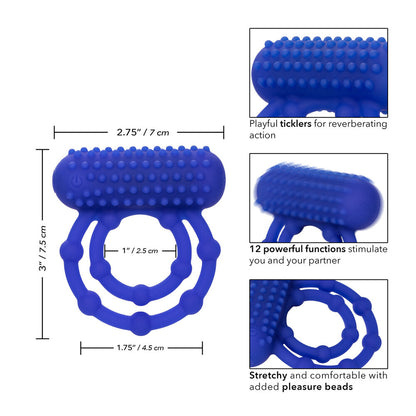 Rechargeable vibrating cock ring with ten pleasure beads for enhanced sexual sensations.