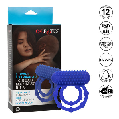 Rechargeable cock ring with ten vibrating beads, a textured finish, and in a sensual style.