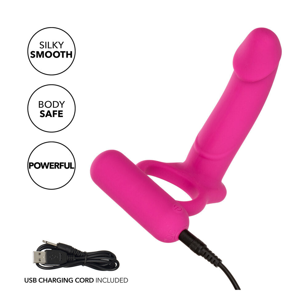 Silicone double love ring vibrator in purple, a rechargeable couples' pleasure toy from California Exotic.