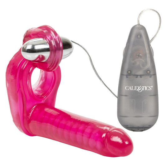 California Exotic triple stimulator vibrating cock ring with attached double dildos for enhanced pleasure.