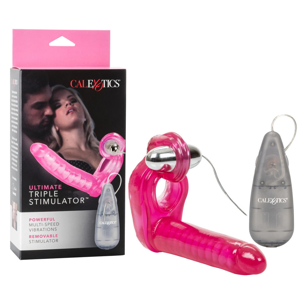 California Exotic ultimate triple stimulator vibrating cock ring with dong, flesh-toned silicone.