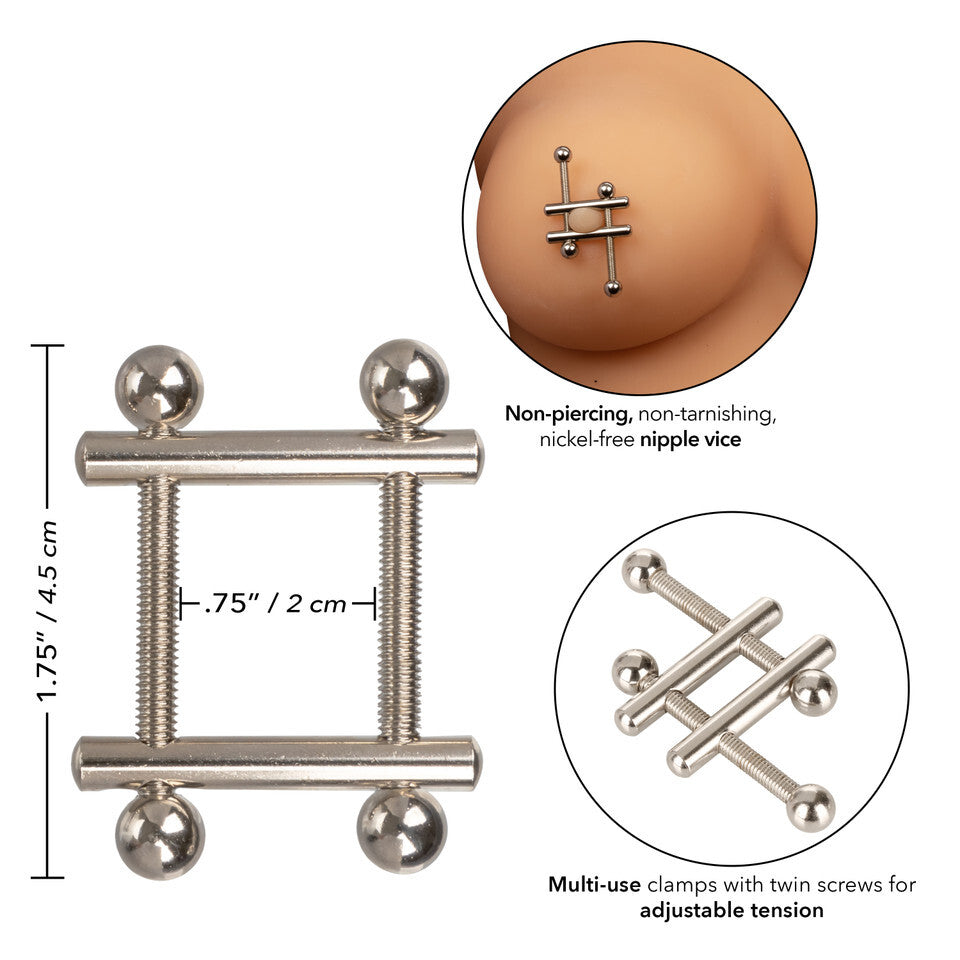 california exotic nipple grips crossbar nipple vices, shiny metal finish, for playful experimentation.