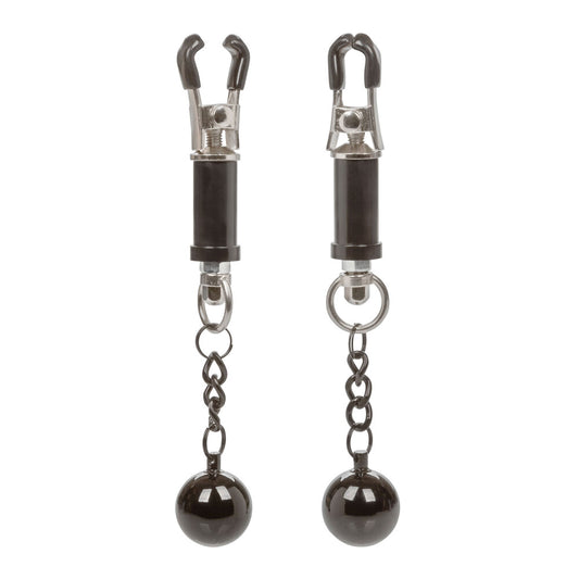 Weighted twist nipple clamps, body jewellery with a polished metal finish, for playful experimentation.