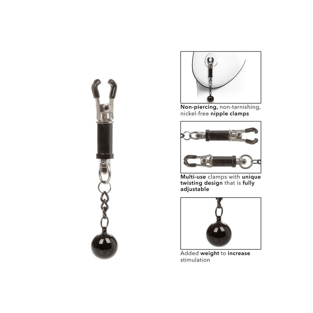 weighted twist nipple clamps from california exotic, shiny metal body jewellery for tit play