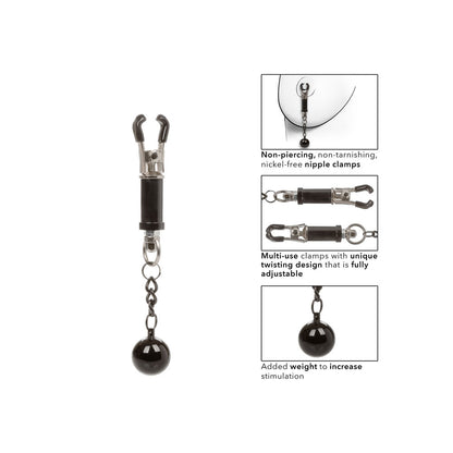 weighted twist nipple clamps from california exotic, shiny metal body jewellery for tit play