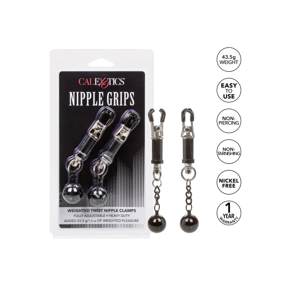 California Exotic nipple grips weighted twist clamps, silver-tone metal body jewellery for pleasure play.