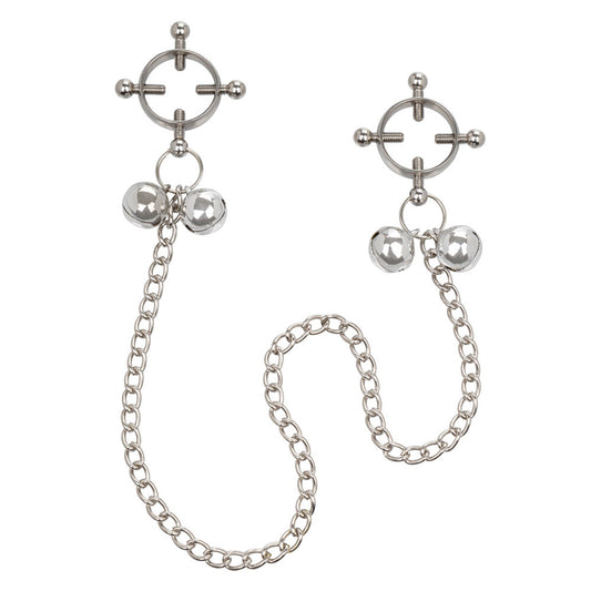 california exotic nipple grips: four-point nipple press with bells, silver metal finish