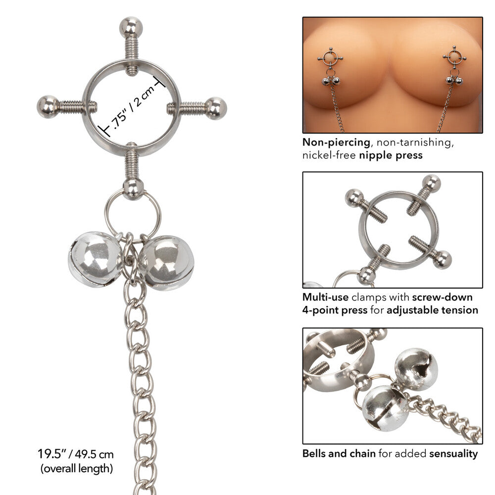 California Exotic nipple grips with bells, four point nipple press in silver metal
