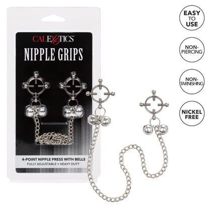california exotic nipple grips with four pressure points and attached bells, silvery metal finish.