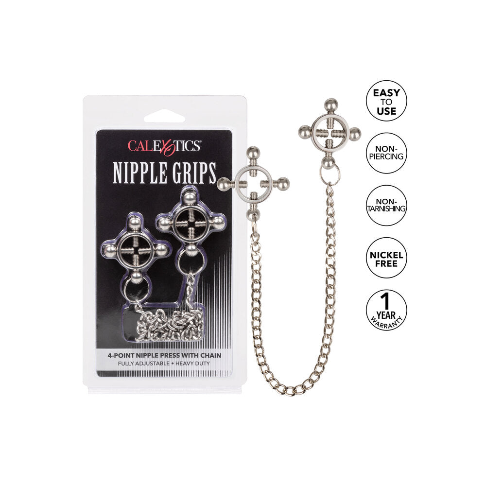 California Exotic nipple grips: four-point press with chain, body jewellery, metallic finish.