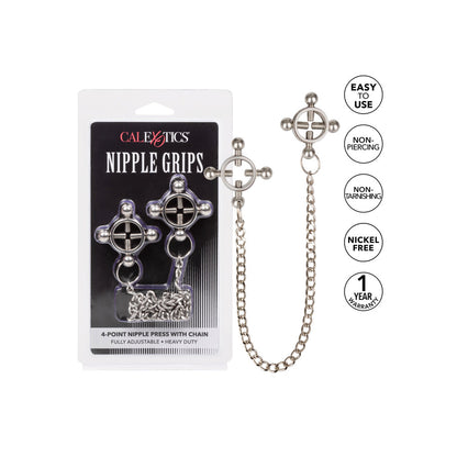 California Exotic nipple grips: four-point press with chain, body jewellery, metallic finish.