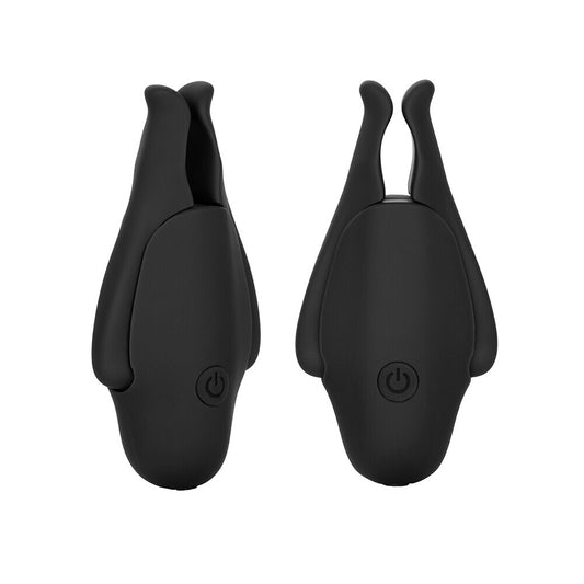 Pair of rechargeable vibrating nipple clamps with a sleek, modern design for intimate play.